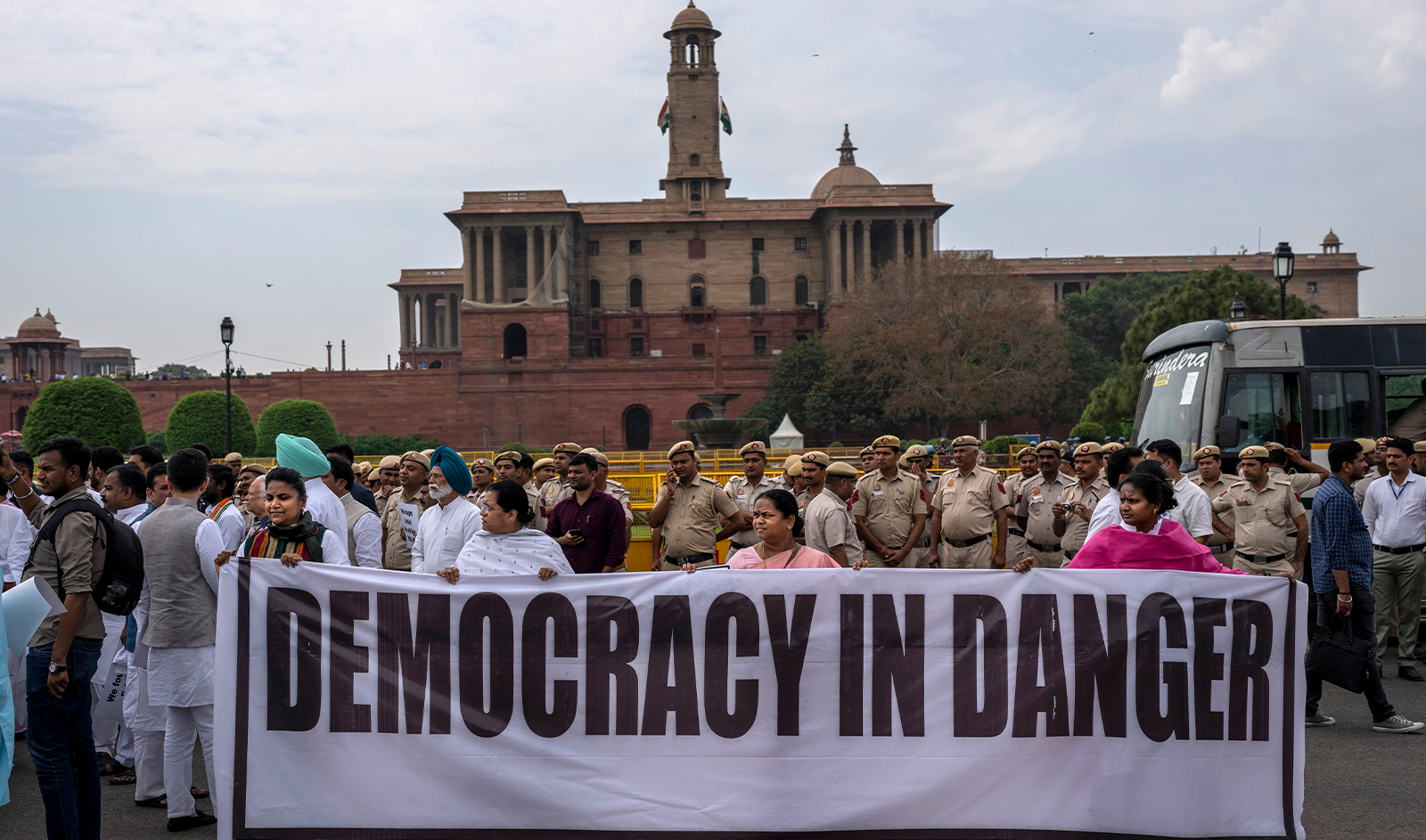Lawmakers from India's opposition parties protest against the government of Prime Minister Narendra Modi outside the parliament in New Delhi, India, on March 24, 2023. (AP)