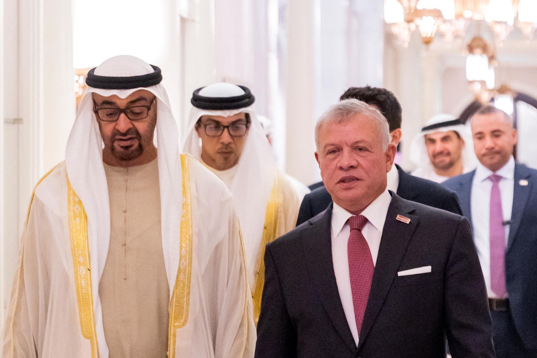 Jordan’s King Abdullah II, left, receives UAE President Sheikh Mohamed bin Zayed Al-Nahyan in Amman on August 2, 2023. (AFP file photo)