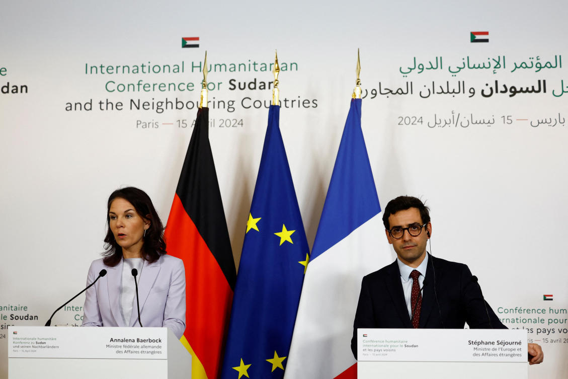 German Foreign Minister Annalena Baerbock and French Foreign and European Affairs Minister Stephane Sejourne attend a joint news conference with European Commissioner Janez Lenarcic and European Union foreign policy chief Josep Borrell (not seen) as part of an International Humanitarian Conference for Sudan and Neighbouring Countries (REUTERS)