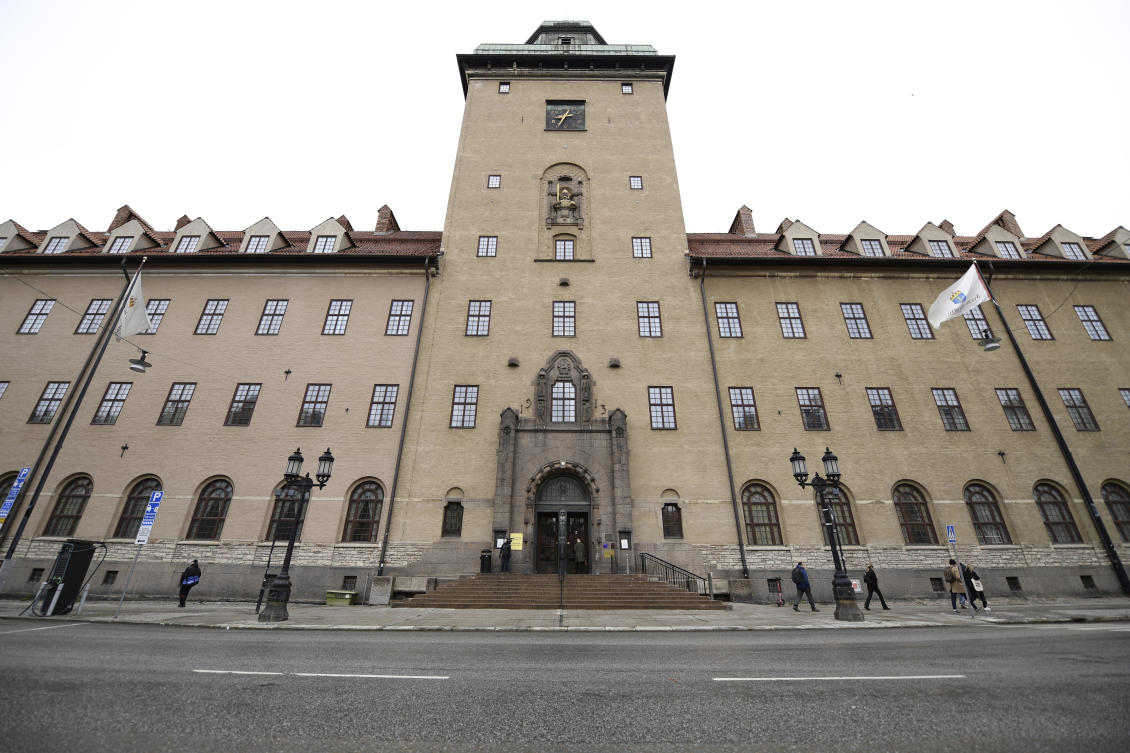 General view of the Stockholm District Court ahead of the main hearing against the former Syrian brigadier general Mohammed Hamo, who stands accused of aiding and abetting war crimes in Syria in 2012, and whose trial starts today, Monday April 15, 2024 (AP)