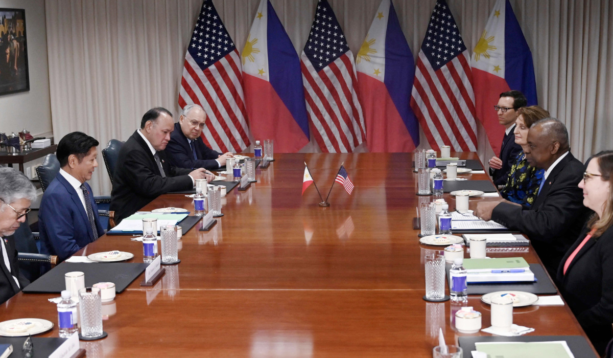 Philippines President Ferdinand Marcos Jr. (2nd L), with Foreign Secretary Enrique Manalo (L) and Defense Secretary Gilberto Teodoro (3rd L), meets with US Secretary of Defense Lloyd Austin (2nd R) at the Pentagon in Washington, DC, on April 12, 2024. (AFP)