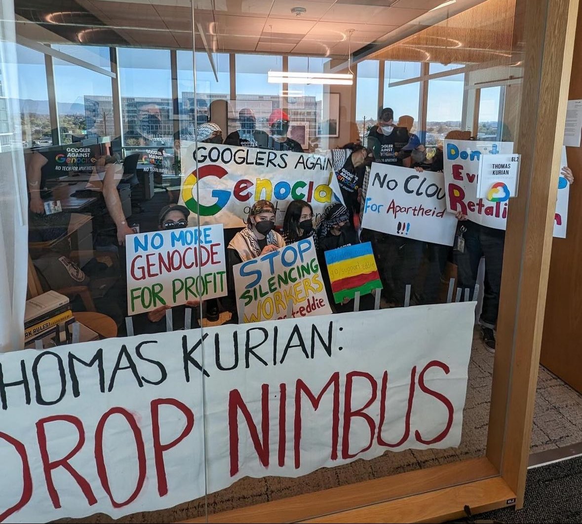 Google employees taking part in a 10-hour sit-in at the company’s offices in New York and California. (No Tech for Apartheid)