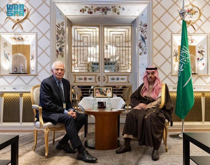 Saudi foreign minister Prince Faisal bin Farhan and EU foreign policy chief Josep Borrell in Munich. (SPA)