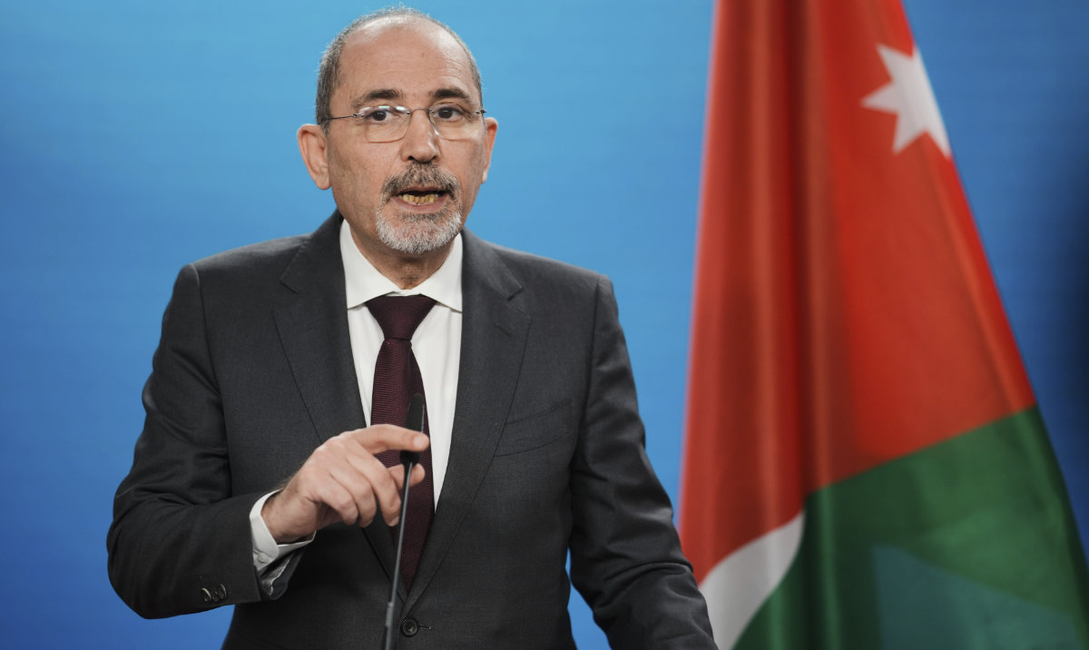 Jordan's Foreign Minister Ayman Safadi briefs the media in Berlin, April 16, 2024. (AP)
