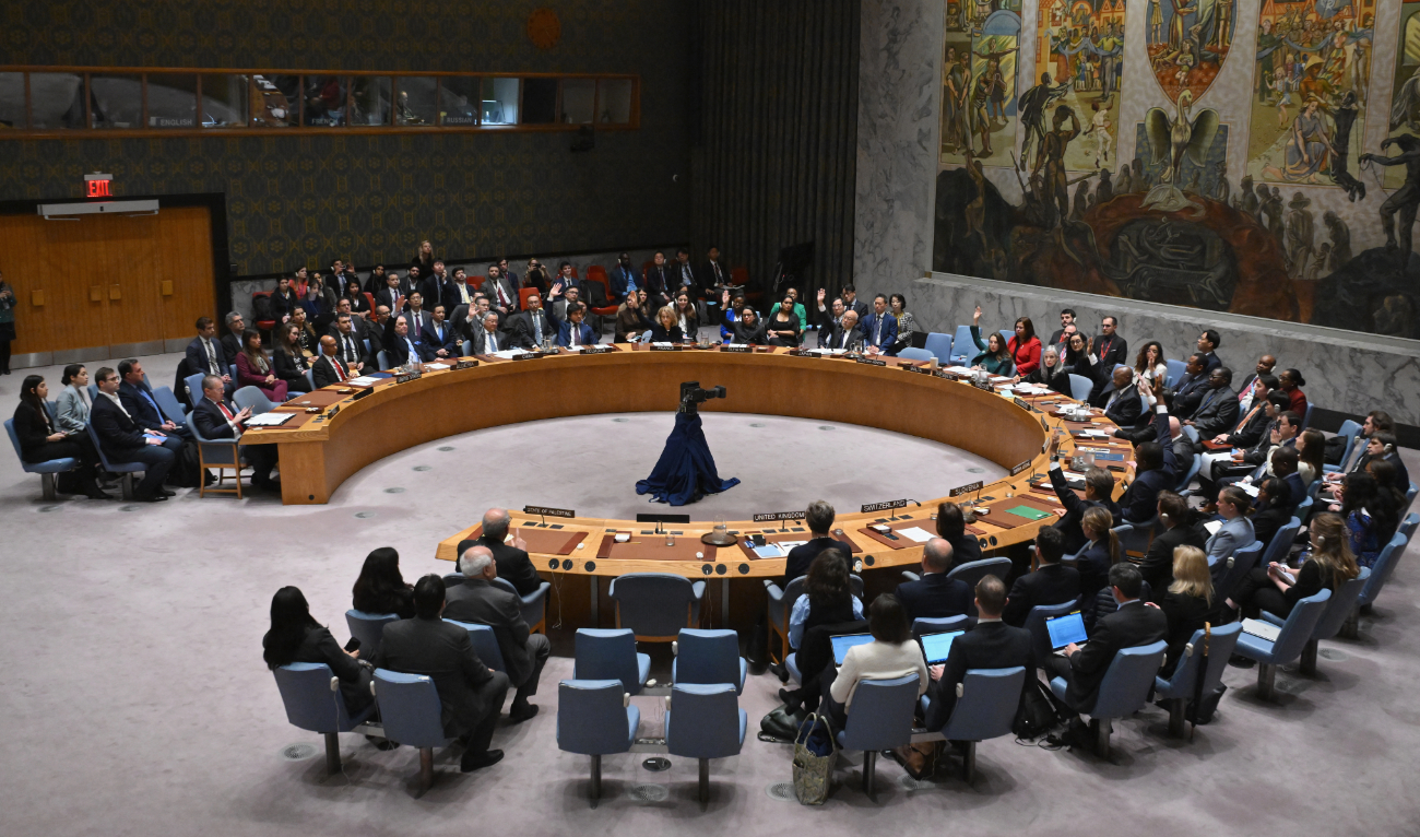 The UN Security Council votes on a resolution allowing Palestinian UN membership at United Nations headquarters in New York, on April 18, 2024, during a United Nations Security Council meeting on the situation in the Middle East, including the Palestinian question. (AFP)