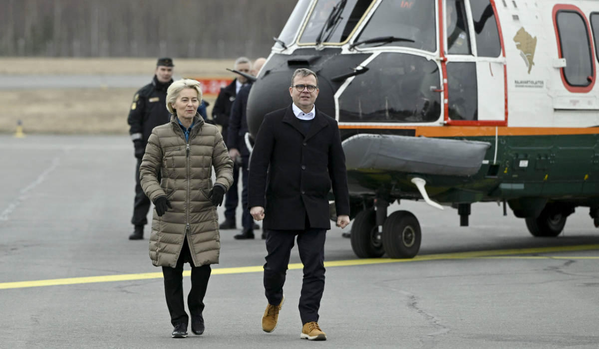 European Commission President Ursula von der Leyen and Finland’s Prime Minister Petteri Orpo arrive for their joint press conference at the Lappeenranta airport, eastern Finland. (Reuters)