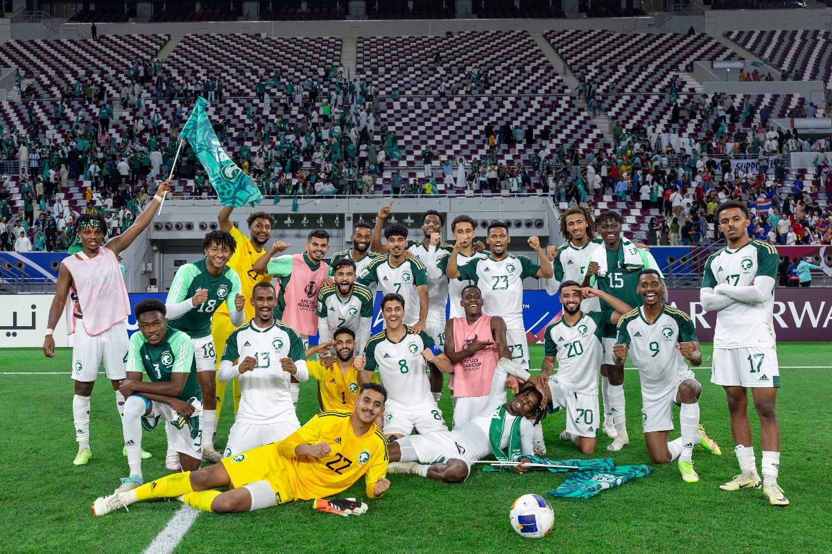 Saudi U-23 national team celebrate beating Thailand 5-0 at Khalifa International Stadium. (X/@SaudiNT)