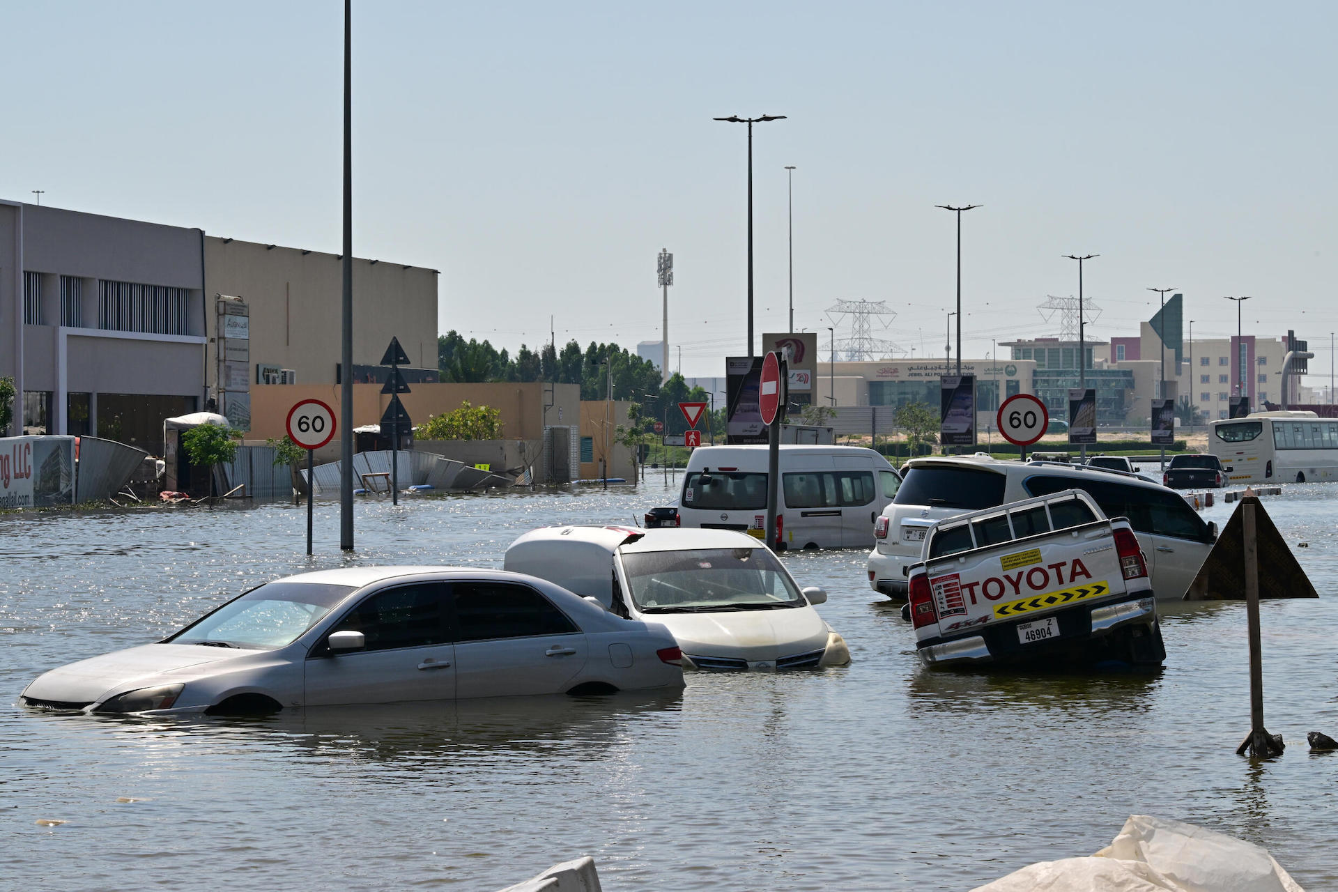 Cars are stranded on a flooded street in Dubai on April 19, 2024. (AFP)