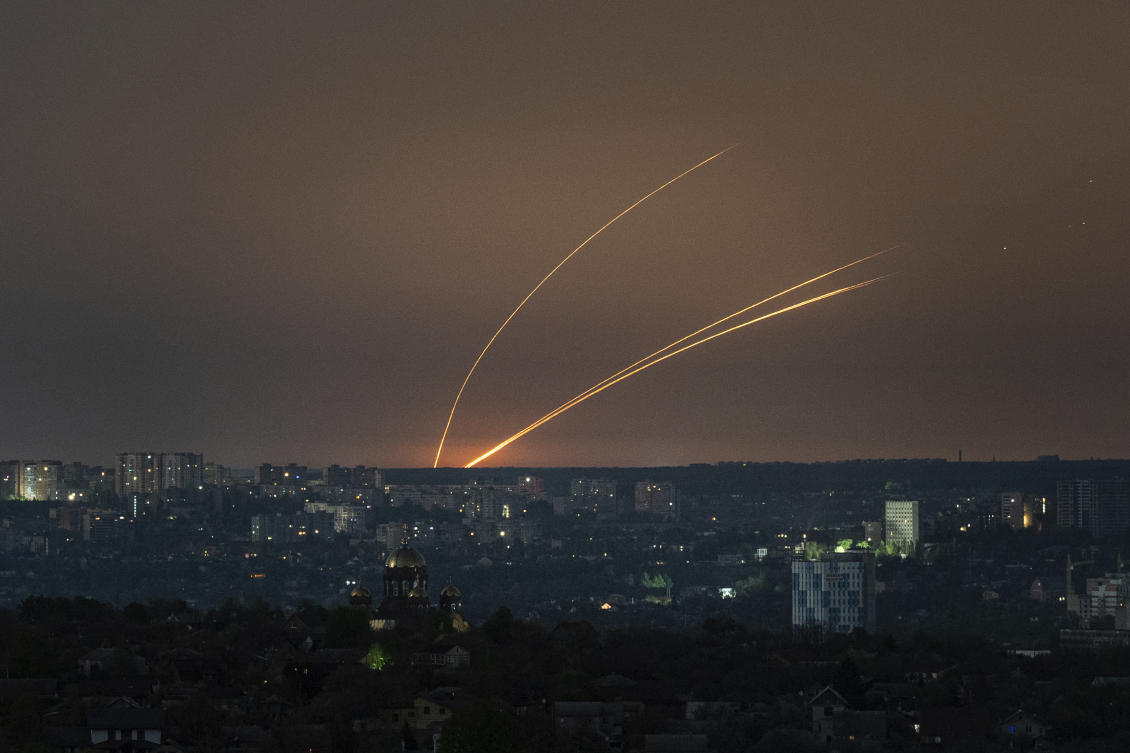 Russian rockets are launched against Ukraine from Russia’s Belgorod region, seen from Kharkiv, Ukraine, on Apr. 18, 2024. (AP)