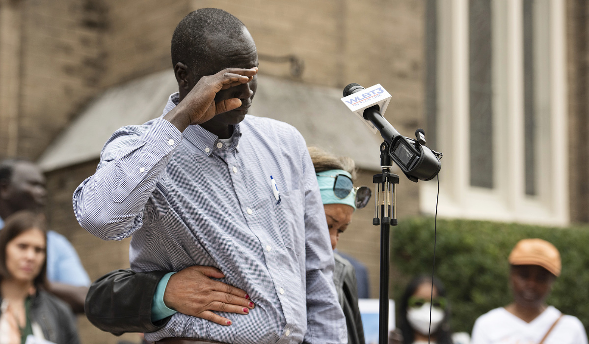 Bul Mabil cries as he speaks during a press conference to ask for the public's help in finding his brother, Dau Mabil, at St. Andrew's Episcopal Cathedral in Jackson Miss., on Monday, April 1, 2024. (AP)