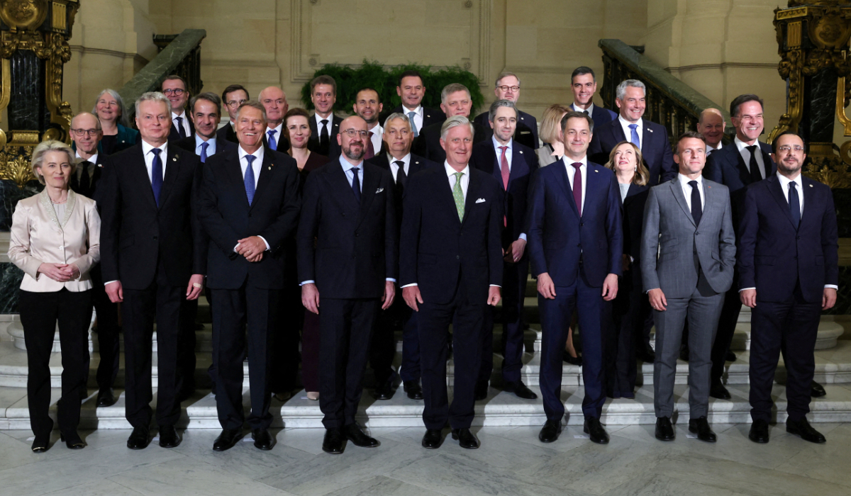 European Commission President Ursula von der Leyen, Lithuanian President Gitanas Nauseda, Romania's President Klaus Iohannis, European Council President Charles Michel, Belgian King Philippe, Belgian Prime Minister Alexander De Croo, French President Emmanuel Macron, Cyprus President Nikos Christodoulides and EU leaders pose for a family photo during a special meeting of the European Council in Brussels, Belgium, 17 April 2024. (REUTERS)