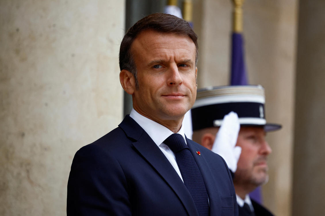 French President Emmanuel Macron waits for the arrival of Lebanon's caretaker Prime Minister Najib Mikati (not seen) before a meeting at the Elysee Palace in Paris, France, April 19, 2024. (Reuters)