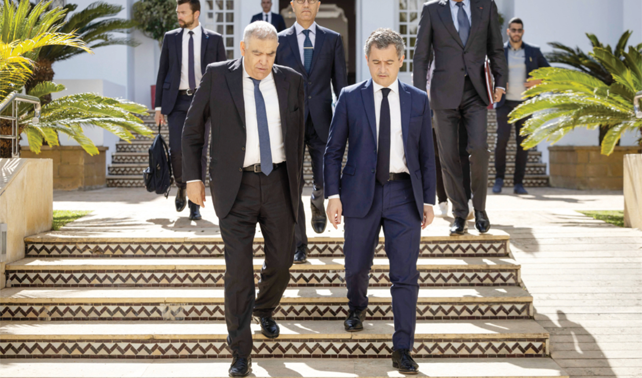 Moroccan Interior Minister Abdelouafi Laftit receives his conuterpart Gérald Darmanin in Rabat on Monday. (AFP)