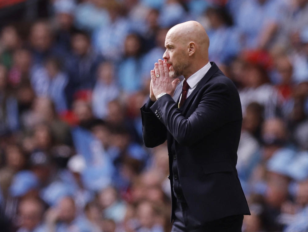 Manchester United manager Erik ten Hag reacts during their FA Cup — Semi Final against Coventry City at Wembley Stadium, London on Apr. 21, 2024. (Reuters)