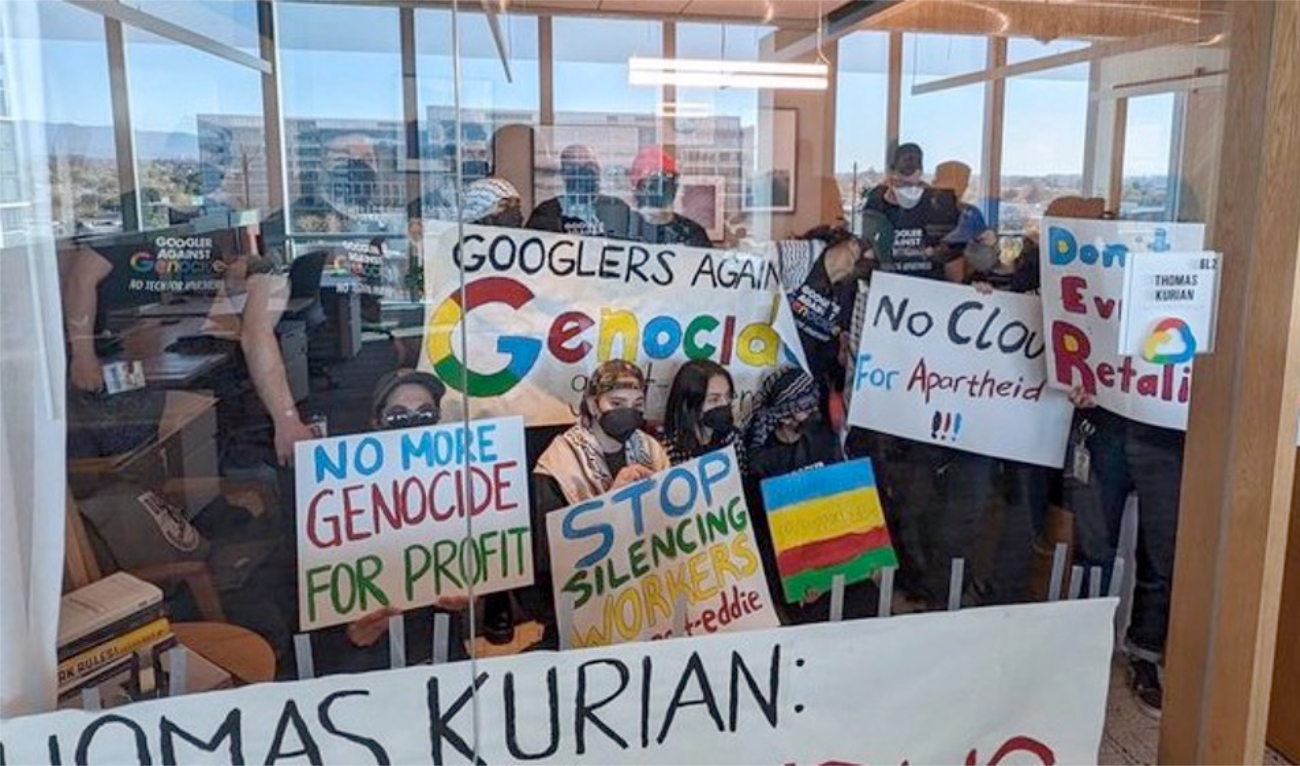 Workers held sit-in protests last week at Google offices in New York and Sunnyvale, California. The company responded by calling the police, who made arrests. (No Tech for Apartheid)