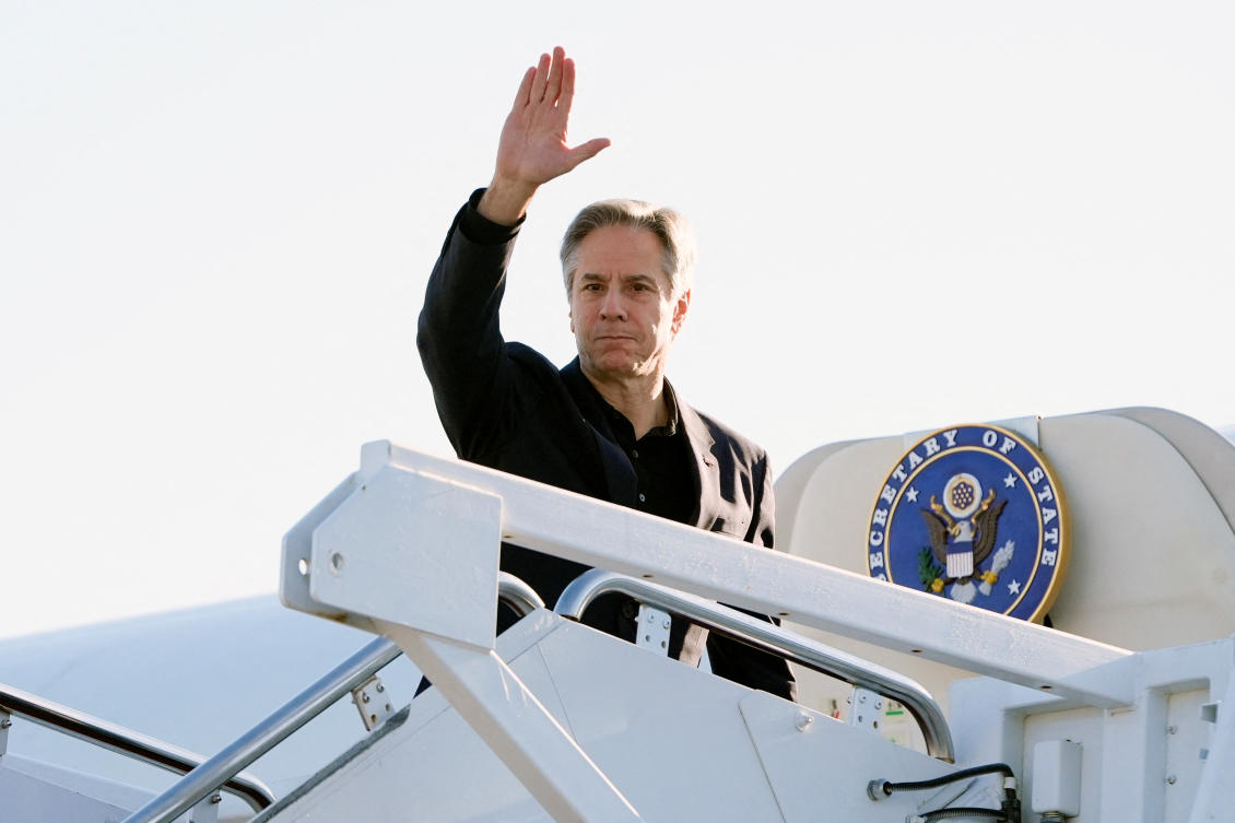 US Secretary of State Antony Blinken waves as he boards a plane, en route to China, at Andrews Air Force Base, Maryland, US. (REUTERS)