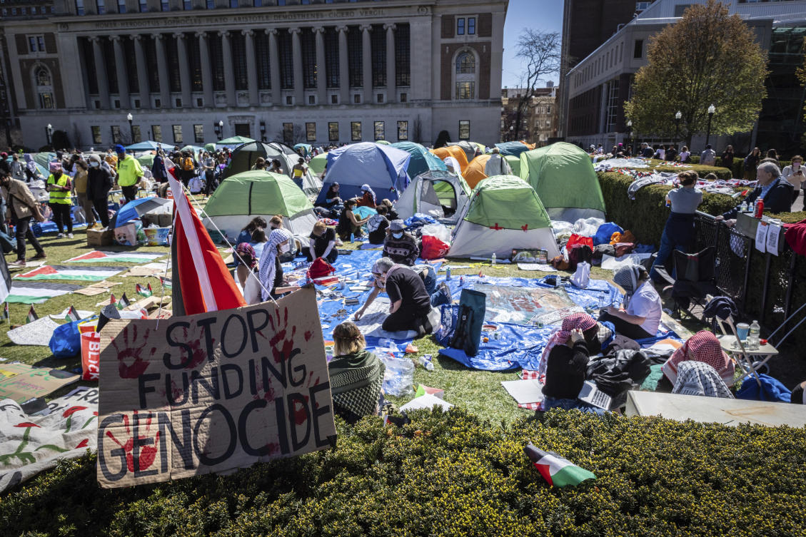 A sign sits erected at the Pro-Palestine protest encampment at the Columbia University campus in New York on Apr. 22, 2024. (AP)