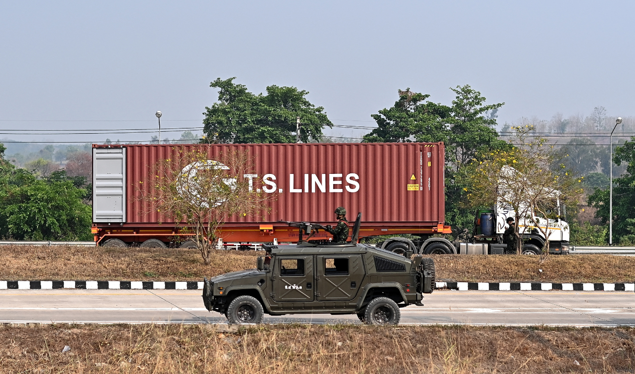 A truck coming from Myanmar waits to cross over into Thailand at the 2nd Thai-Myanmar Friendship Bridge in Thailand’s Mae Sot district on April 12, 2024. (AFP/File)
