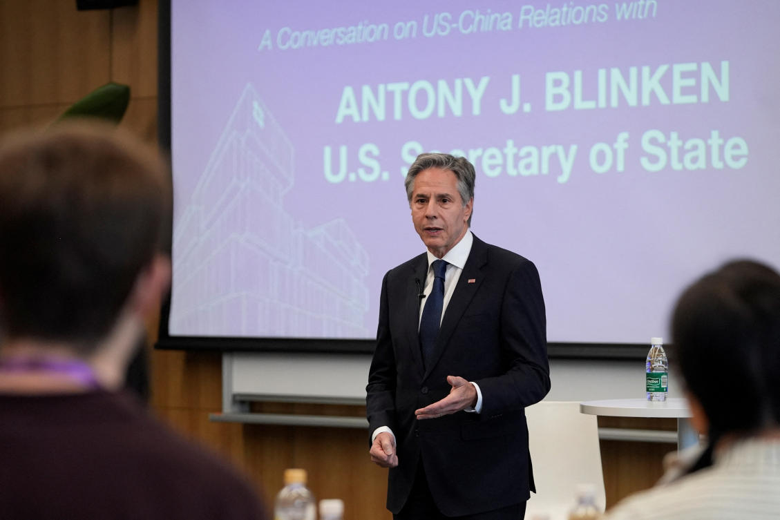 Above, US Secretary of State Antony Blinken meets students at the Shanghai campus of New York University, where he voiced hope for more Americans to study in China. (Reuters)