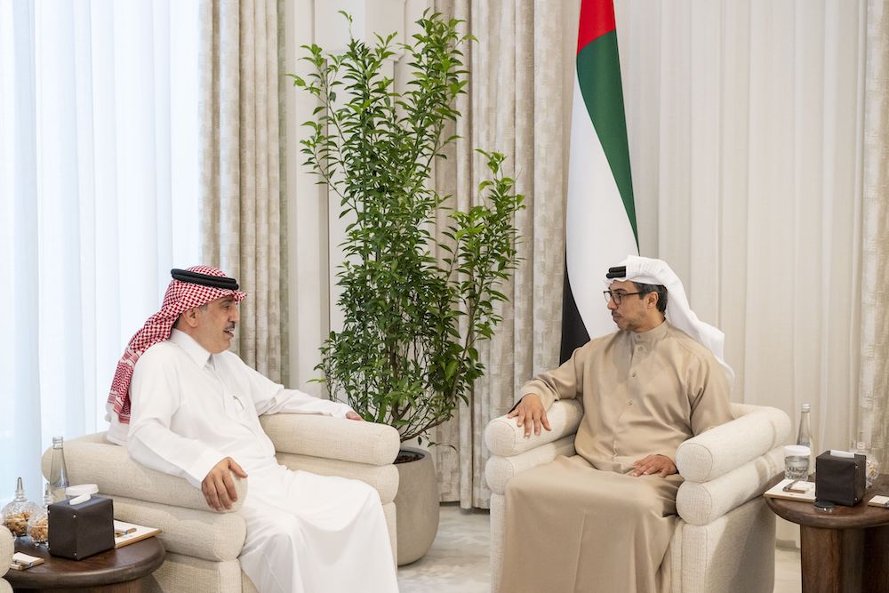 Sheikh Mansour bin Zayed Al-Nahyan, Vice President, Deputy Prime Minister and Chairman of the Presidential Court, right, received Sultan bin Abdullah Al-Anqari, Saudi Arabia’s ambassador to the UAE at Qasr Al-Shati in Abu Dhabi. (WAM)