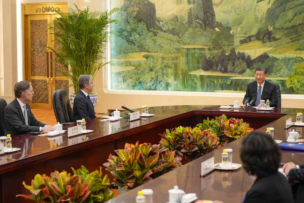 Chinese President Xi Jinping, right, holds a meeting with US Secretary of State Antony Blinken, second left, and Ambassador Nicholas Burns at the Great Hall of the People on April 26, 2024 in Beijing. (AP)
