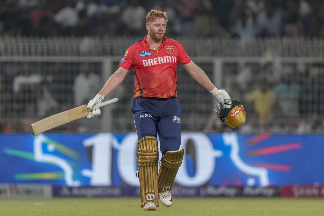 Punjab Kings Jonny Bairstow celebrates after scoring a century during the IPL match between Kolkata Knight Riders and Punjab Kings’ in Kolkata. (AP)