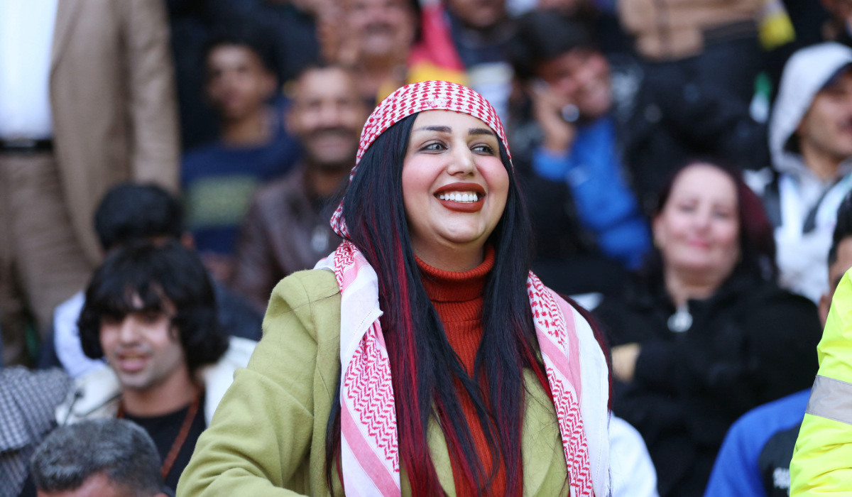 Iraqi TikTok celebrity Om Fahed is pictured at the Basra International Stadium during a match of the Arabian Gulf Cup football tournament on January 19, 2023. (AFP)