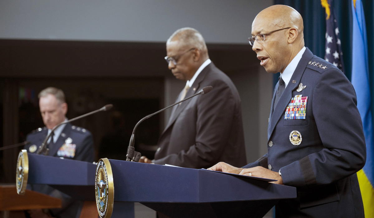 Chairman of the Joint Chiefs of Staff Gen. CQ Brown Jr., right, speaks during a press briefing with Defense Secretary Lloyd Austin, center, and Pentagon Press Secretary Maj. Gen. Pat Ryder, left, on Friday, April 26, 2024 at the Pentagon in Washington. (AP)