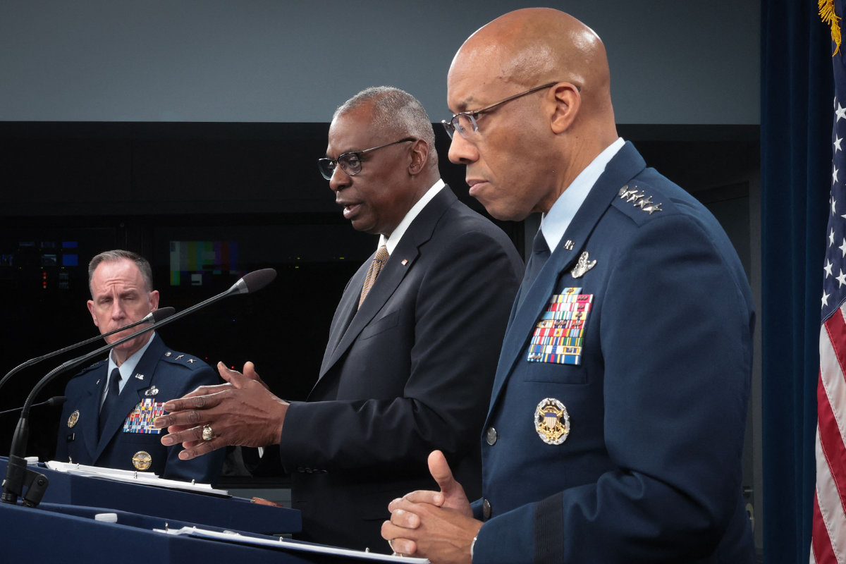 US Secretary of Defense Lloyd Austin (C) and Chairman of the Joint Chiefs of Staff Gen. C. Q. Brown, Jr. (R) answer questions during a press briefing at the Pentagon April 26, 2024 in Arlington, Virginia. (Getty Images/AFP)