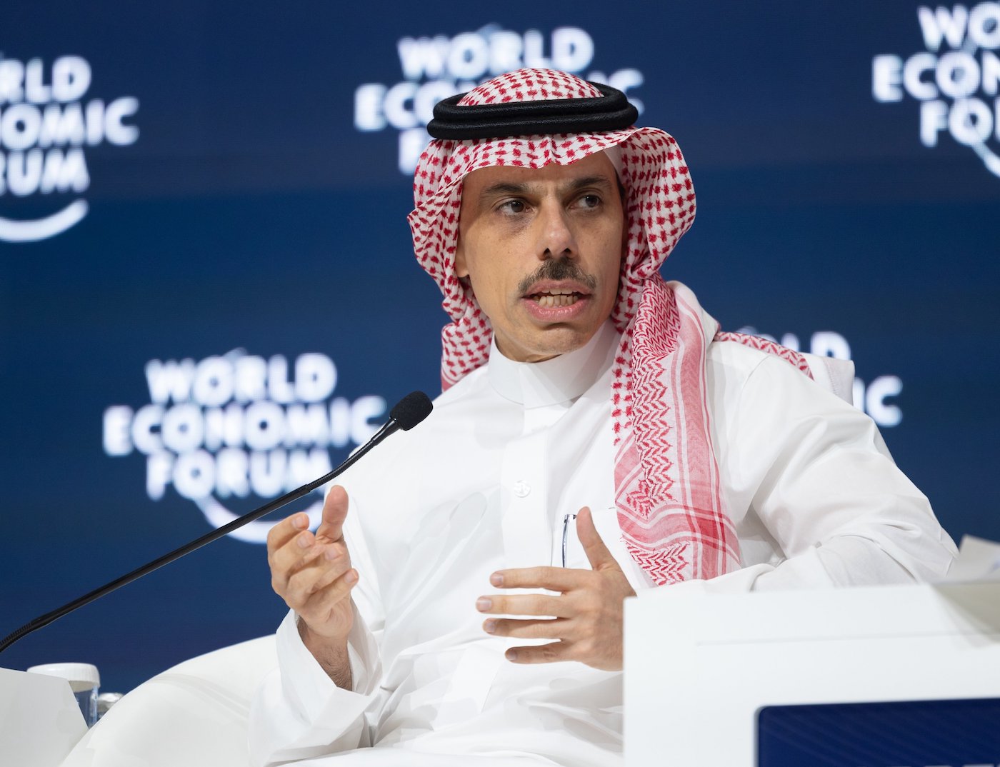 Saudi Foreign Minister Prince Faisal bin Farhan attends the World Economic Forum special meeting in Riyadh on April 28, 2024. (AFP)