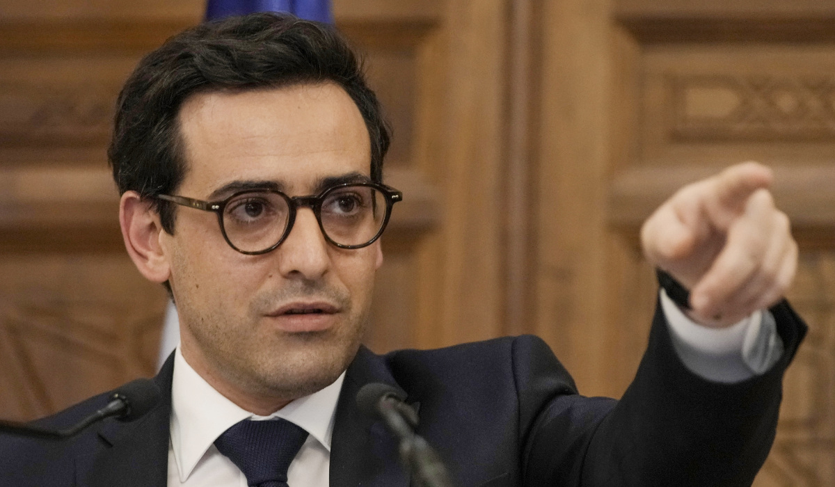 French Foreign Minister Stephane Sejourne gestures as he speaks during a press conference at the Pine Palace, which is the residence of the French ambassador, in Beirut, Lebanon, Sunday, April 28, 2024. (AP)