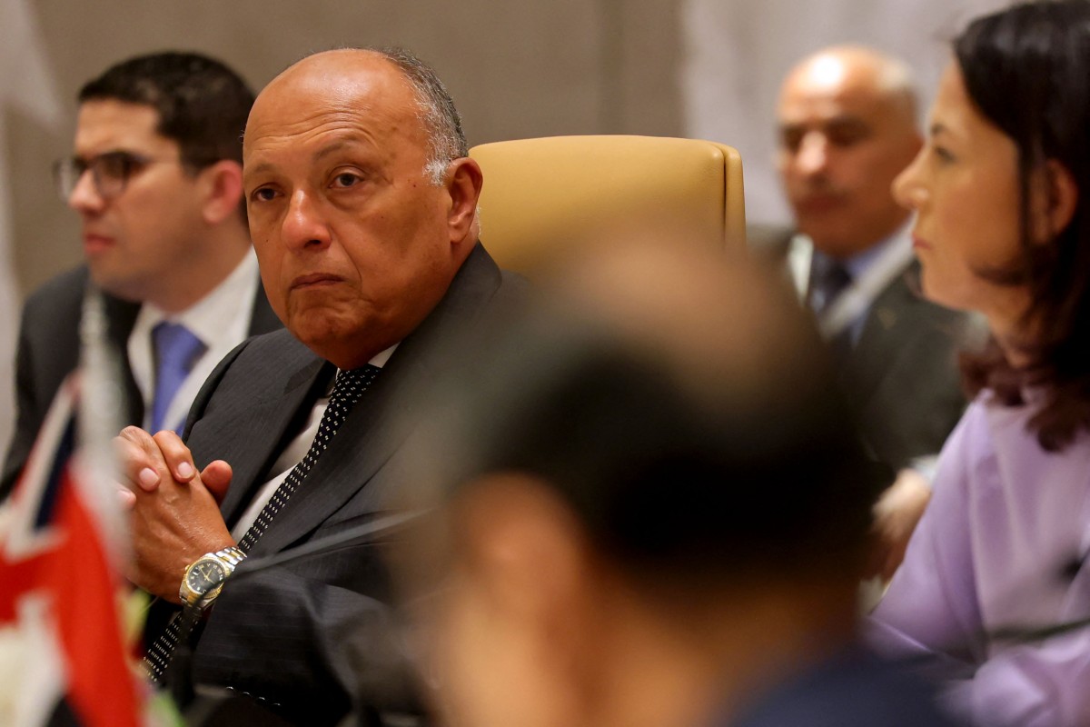 German Foreign Minister Annalena Baerbock (R) and Egypt's Foreign Minister Sameh Shoukry (L) attend a ministerial meeting held in Riyadh on April 29, 2024, to discuss the Gaza crisis amid the ongoing conflict in the Palestinian territory between Israel and the militant group Hamas. (File/AFP)