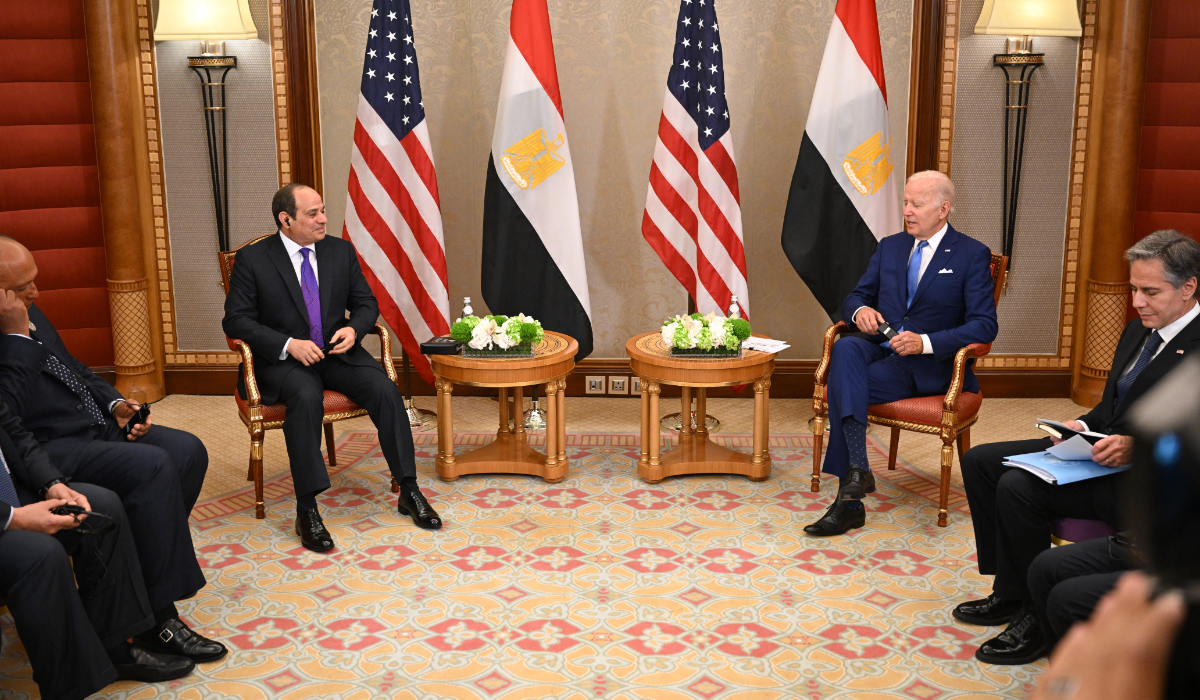 US President Joe Biden (C-R) and Secretary of State Antony Blinken (R) meet with Egyptian President Abdel Fattah Al-Sisi (C-L), Foreign Minister Sameh Shoukri (L), and other officials (unseen) during a bilateral meeting at a hotel in Saudi Arabia's Red Sea coastal city of Jeddah on July 16, 2022. (AFP)