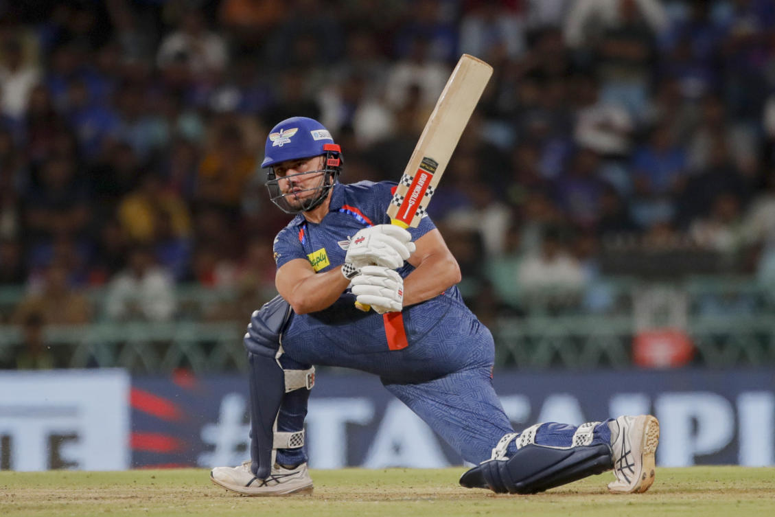 Lucknow Super Giants’ Marcus Stoinis plays a shot during the IPL cricket match between Lucknow Super Giants and Mumbai Indians in Lucknow, India, Tuesday, April 30, 2024. (AP Photo)