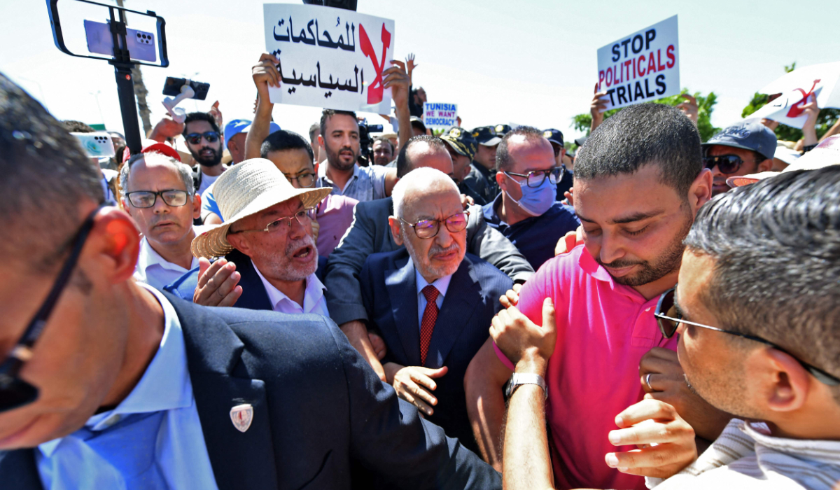 Rached Ghannouchi, head of Tunisia's Islamist Ennahda party, arrives at the office of Tunisia's counter-terrorism prosecutor in Tunis on July 19, 2022. (AFP)
