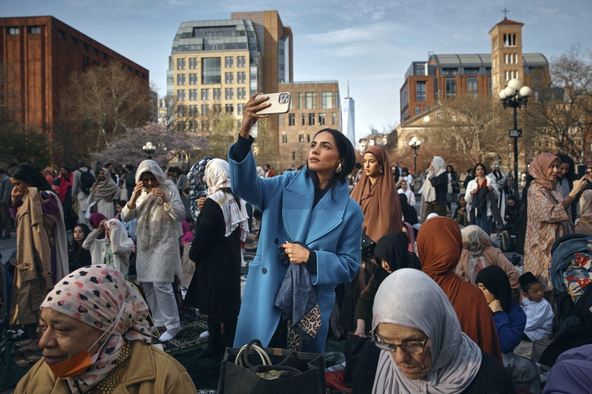 Muslims gather to perform an Eid Al-Fitr prayer at Washington Square Park on Wednesday, April 10, 2024, in New York. (AP)