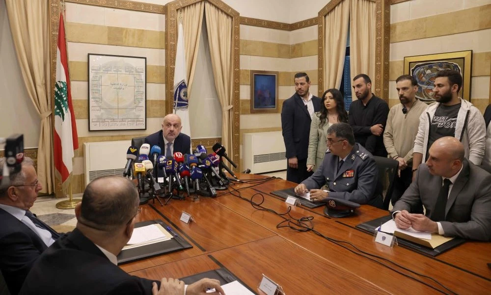Lebanese Interior Minister Bassam Al-Mawlawi addresses the press on the killing of Pascal Sleiman, Beirut, Apr. 9, 2024. (AFP)