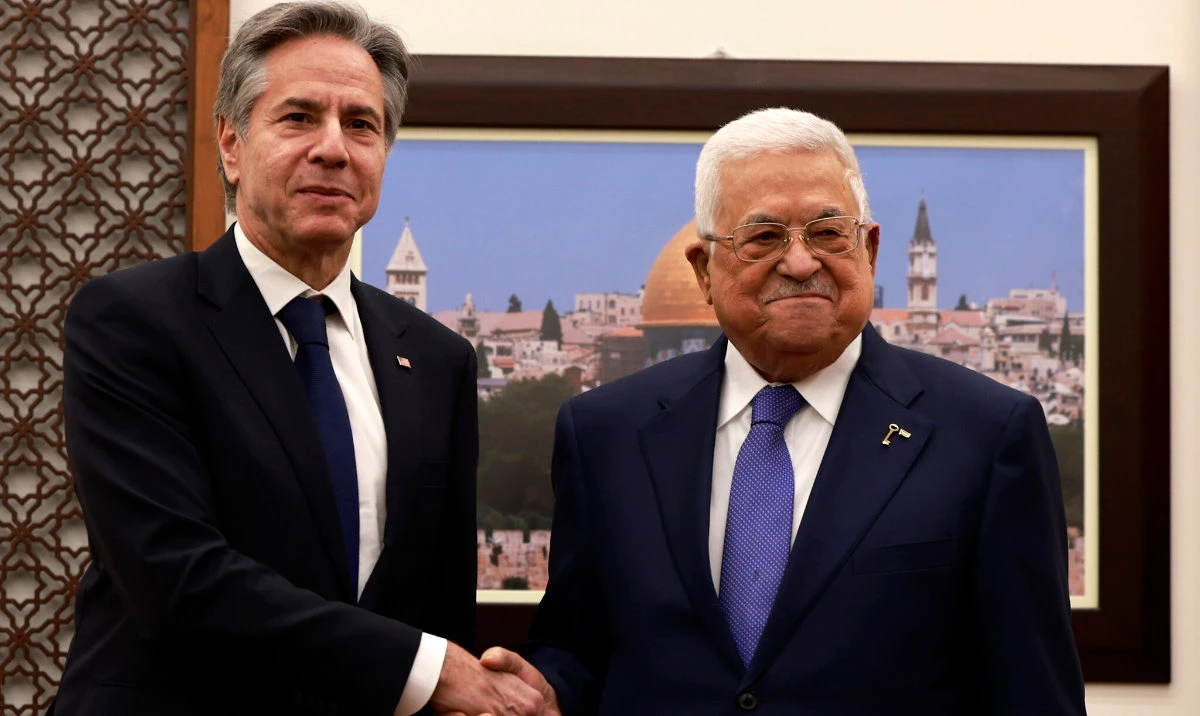 US Secretary of State, Antony Blinken, left, meets with Palestinian Authority President Mahmoud Abbas, right, in Ramallah in the West Bank. (AP/File)