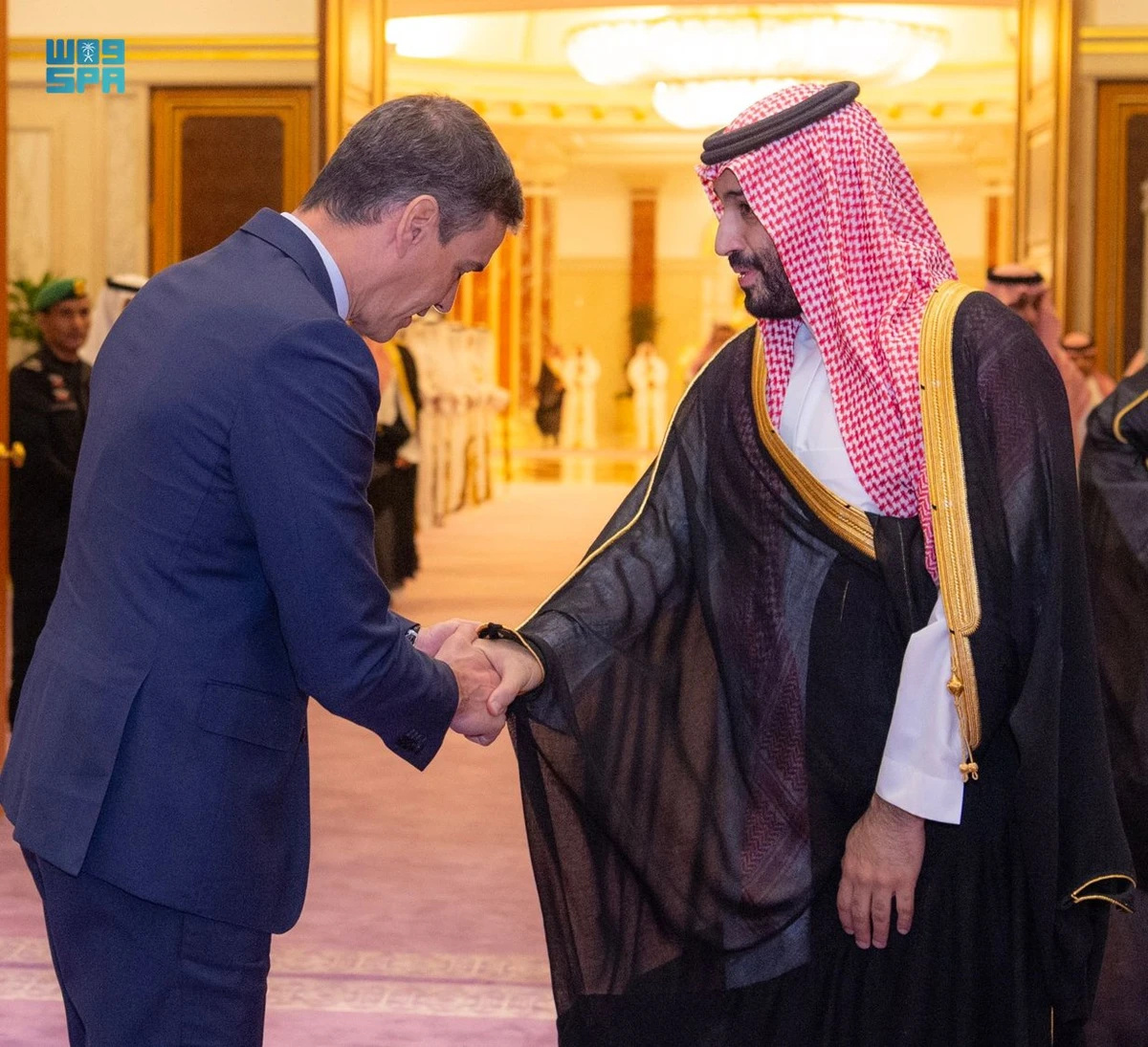 Crown Prince Mohammed bin Salman received Spanish prime minister Pedro Sanchez at the Al-Salam Royal Palace in Jeddah on Tuesday, Saudi Press Agency reported. (SPA)