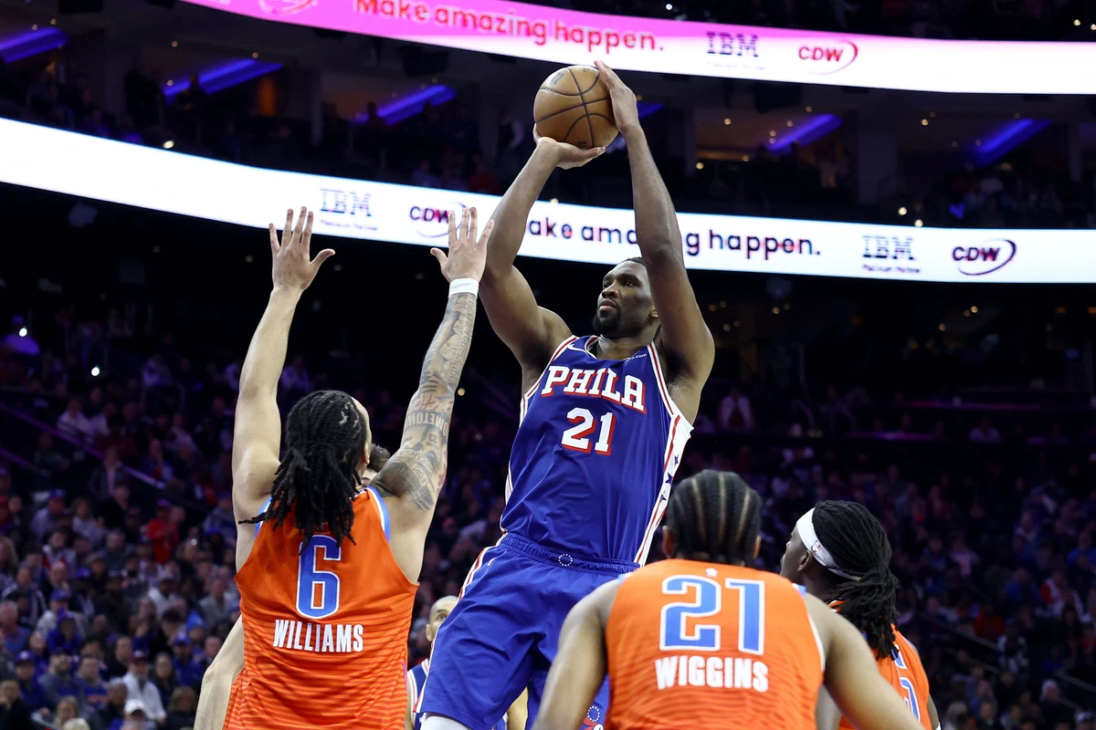 Joel Embiid of the Philadelphia 76ers shoots over Jaylin Williams of the Oklahoma City Thunder during the fourth quarter at the Wells Fargo Center in Philadelphia, Pennsylvania. (Getty Images)