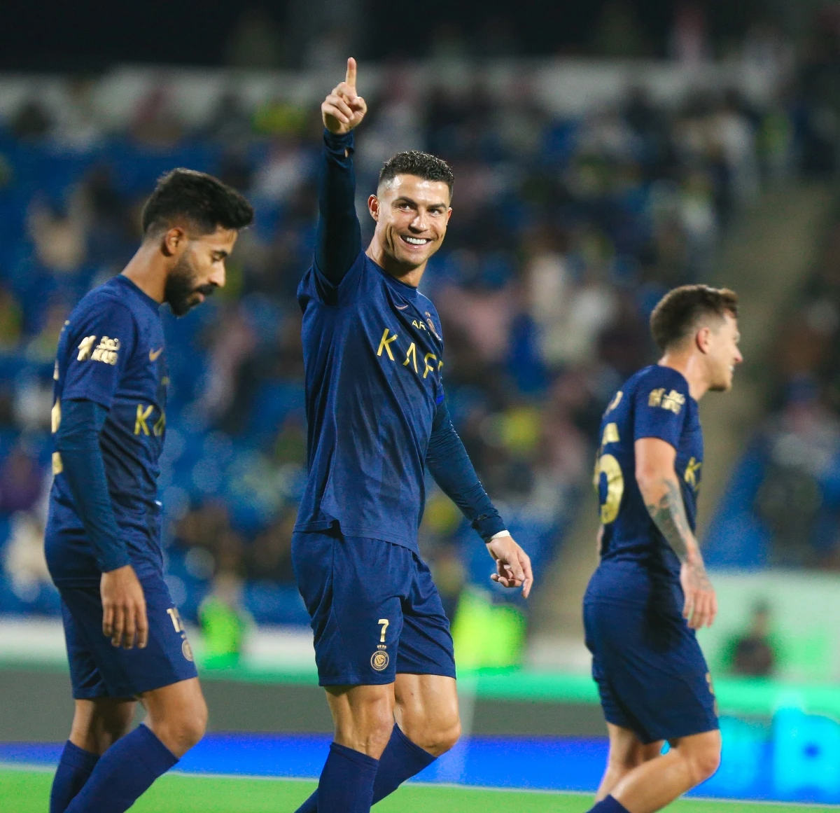 Cristiano Ronaldo celebrates scoring a hat-trick in Al-Nassr's 8-0 win over Abha. (SPL)