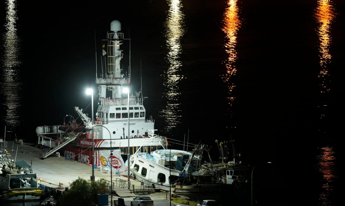 A ship belonging to the Open Arms aid group and is one of three ships loaded with canned food destined to Gaza, has returned to the Cypriot port of Larnaca, Cyprus, Wednesday, April 3, 2024. (AP)