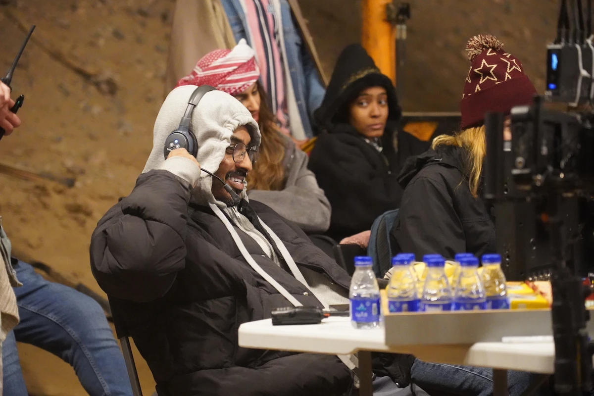 Alkhurayji (L) and crew on the set of 'Siwar.' (Supplied)