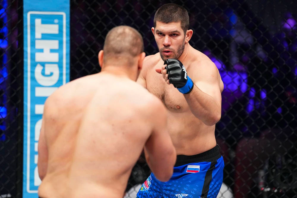 Valentin Moldavsky, right, defeated Ante Delija in the main event of the 2024 PFL Global Season’s opening night. (Cooper Neill/PFL)