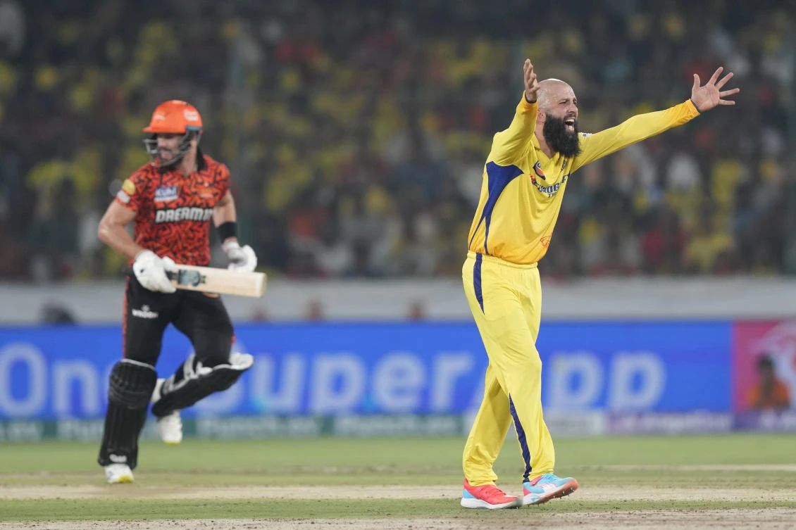 Chennai Super Kings’ Moeen Ali appeals successfully for the wicket of Sunrisers Hyderabad’s Aiden Markram, left, during the Indian Premier League cricket match between Sunrisers Hyderabad and Chennai Super Kings in Hyderabad on Apr.5, 2024. (AP)