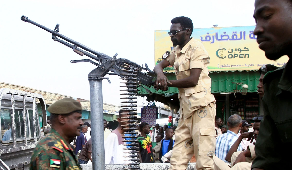 Sudanese security forces patrol in a commercial district in Gedaref city in eastern Sudan on April 3, 2024. (AFP)