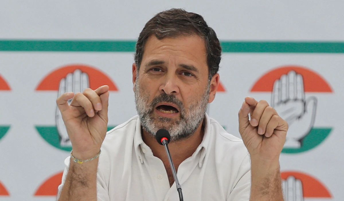 Rahul Gandhi, a senior leader of India's main opposition Congress party, gestures as he addresses the media during the party's manifesto release event ahead of the general election, in New Delhi, India, April 5, 2024. (REUTERS)