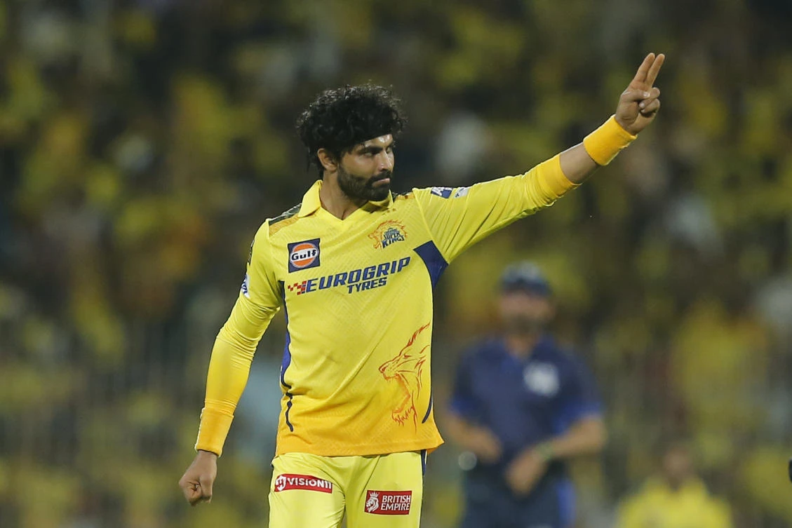 Chennai Super Kings’ Ravindra Jadeja celebrates the dismissal of Kolkata Knight Riders’ Venkatesh Iyer during the IPL cricket match between Chennai and Kolkata. (AP)