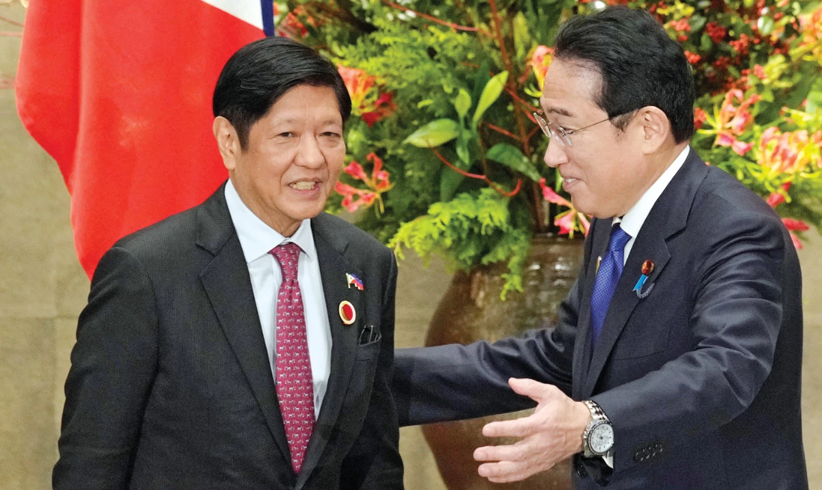 Japan’s Prime Minister Fumio Kishida, right, greets Philippines’ President Ferdinand Marcos Jr. prior to their bilateral meeting at the prime minister’s official residence in Tokyo, on Dec. 17, 2023. (AP)