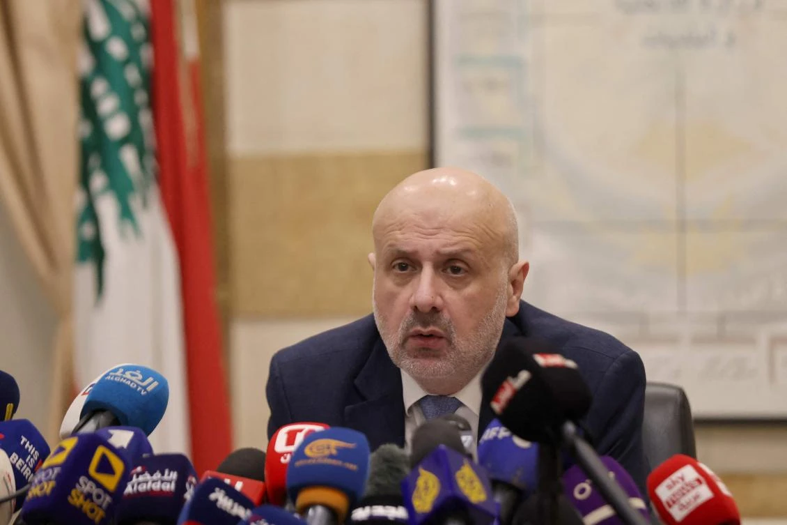 Lebanese Interior Minister Bassam Al-Mawlawi speaks during a press conference about the killing of a local politician which shook the country, attended by security service chiefs at the Ministry of Interior in Beirut on Apr. 9, 2024. (AFP)